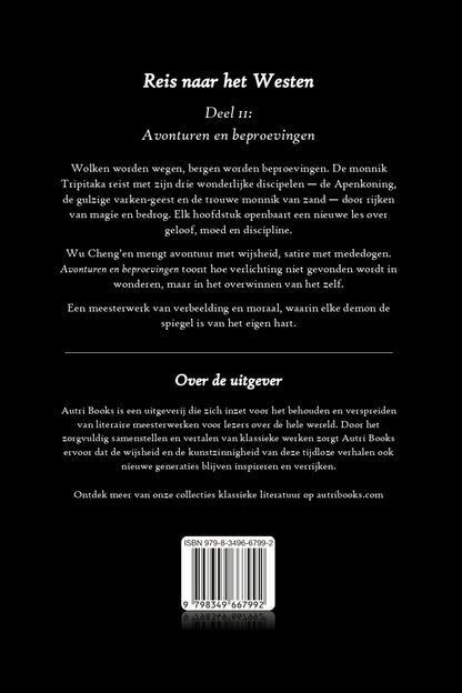Back cover of a book with text in Dutch on a black background
