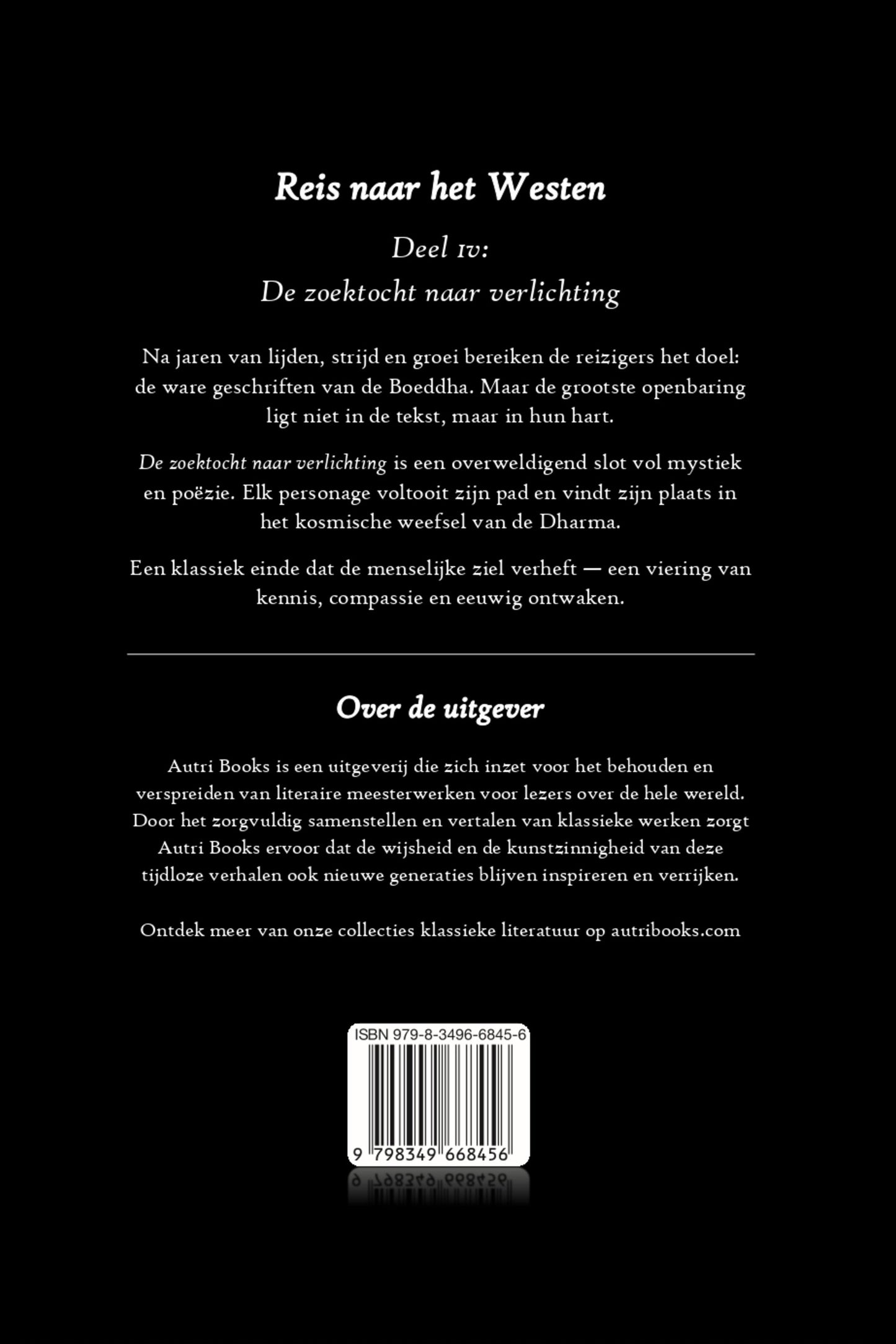 Back cover of a book with text in Dutch on a black background