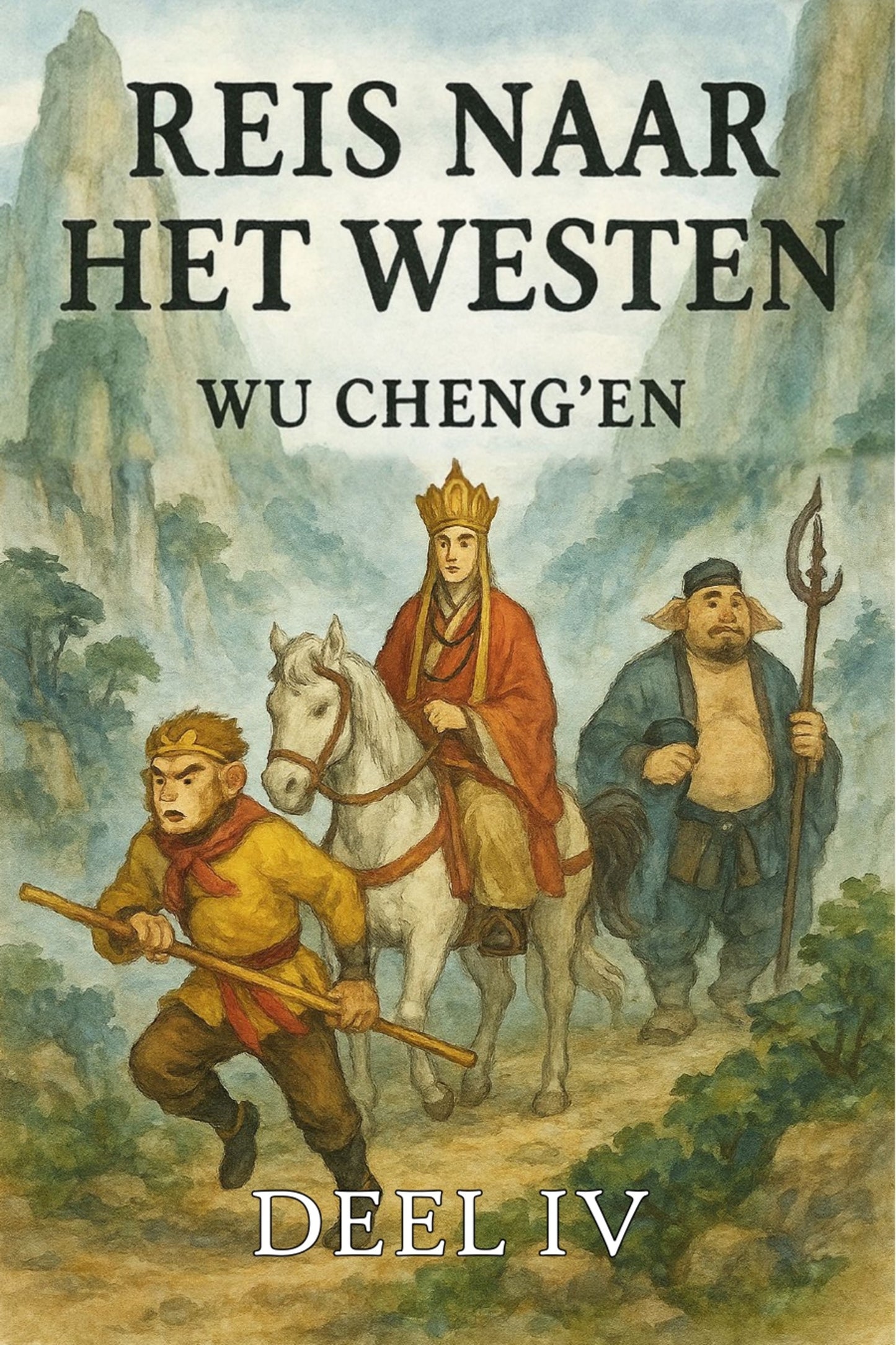 Book cover of 'Reis naar het Westen' by Wu Cheng'en with illustrations of three characters on a mountain path.