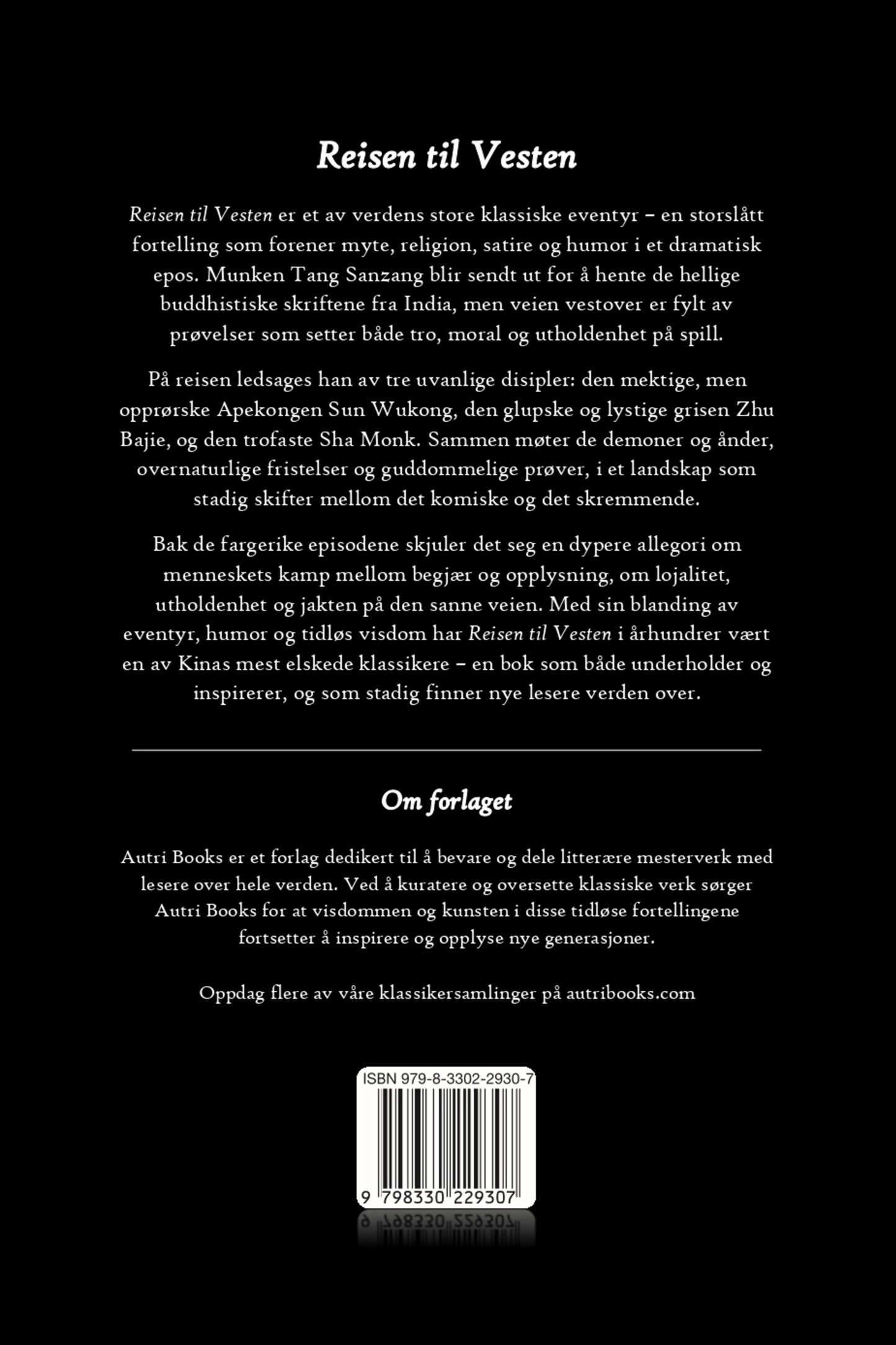 Back cover of a book titled 'Reisen til Vesten' with text in norwegian and a logo.