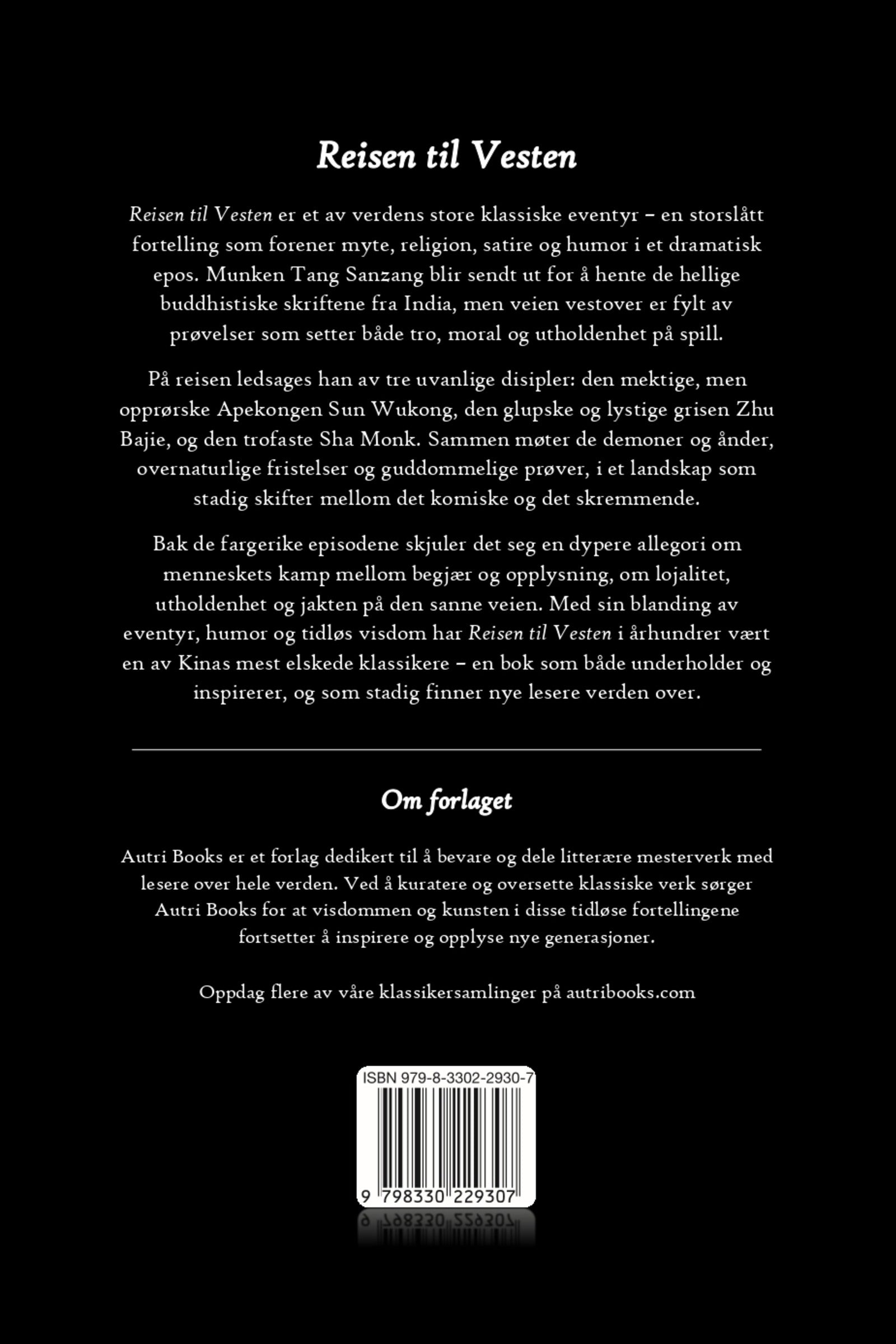 Back cover of a book titled 'Reisen til Vesten' with text in norwegian and a logo.