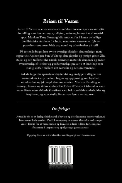 Back cover of a book titled 'Reisen til Vesten' with text in norwegian and a logo.