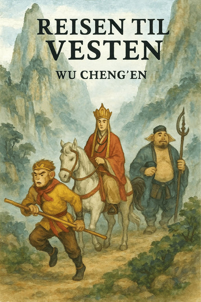 Book cover of 'Reisen til Vesten' by Wu Cheng'en with illustrations of three characters on a mountain path.