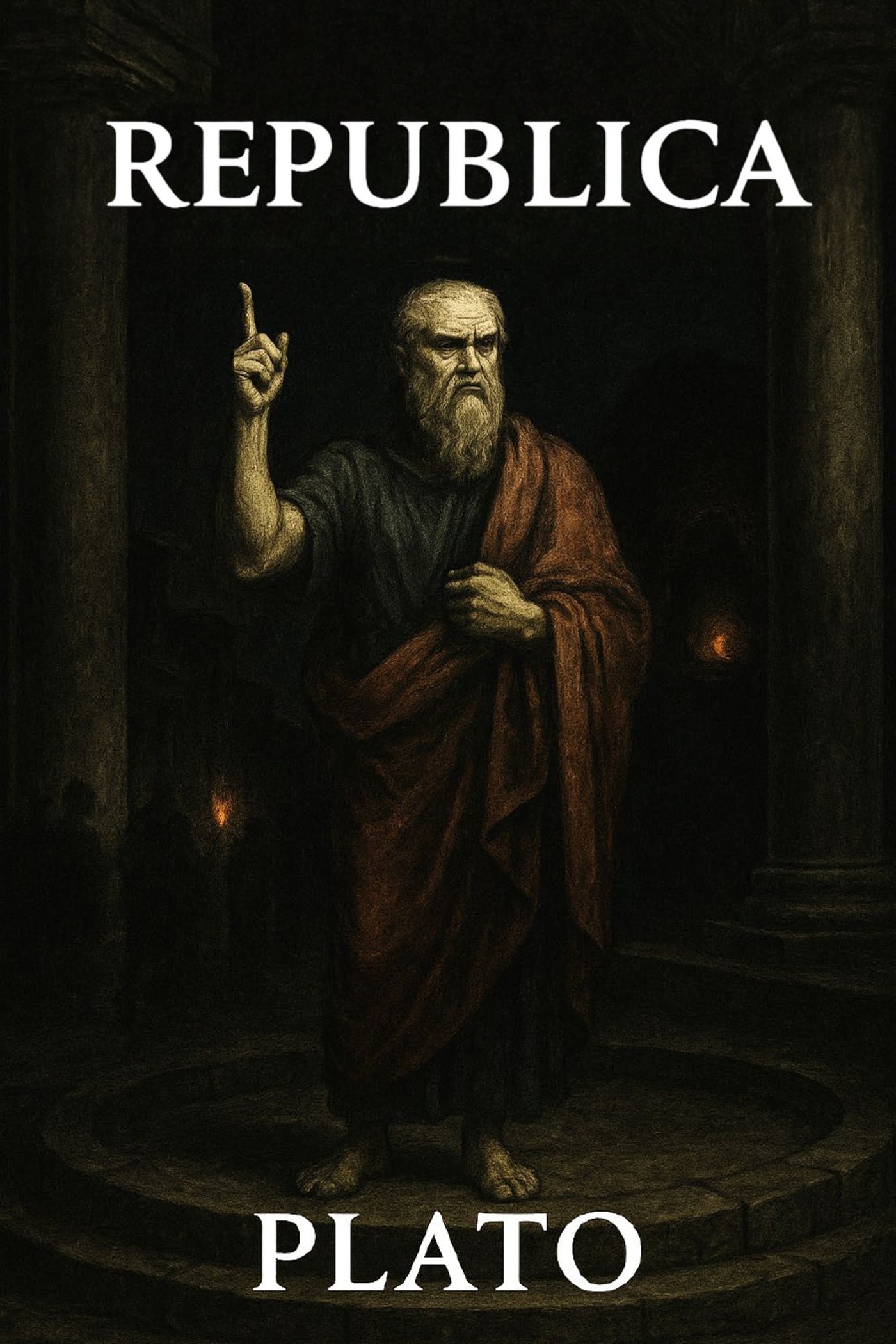 Illustration of a classical philosopher with 'Republica Plato' text on a dark background