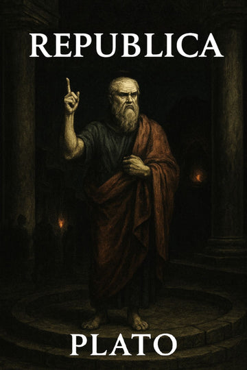 Illustration of a classical philosopher with 'Republica Plato' text on a dark background