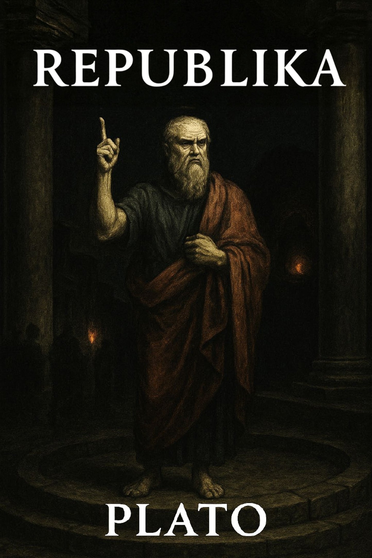 Illustration of a philosopher with 'Republika Plato' text on a dark background