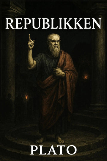 Book cover for 'Republikken' by Plato, featuring a dark classical painting of Plato standing in a stone hall with columns, wearing a red-brown robe and gesturing with one hand. 