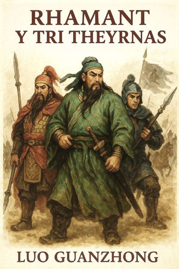 Book cover for 'Rhamant y Tri Theyrnas' by Luo Guanzhong, featuring an illustration of three Chinese soldiers in historical armor and robes against a warm beige background.
