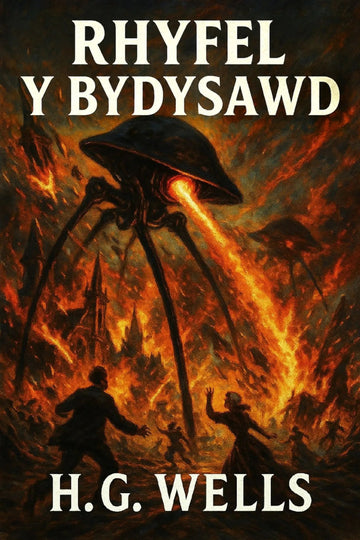 Book cover for 'Rhyfel y bydysawd' by H.G. Wells