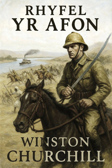 Book cover for 'Rhyfel yr afon' by Winston Churchill, featuring a historical illustration of a soldier on horseback holding a sword, with a river scene and ship in the background.
