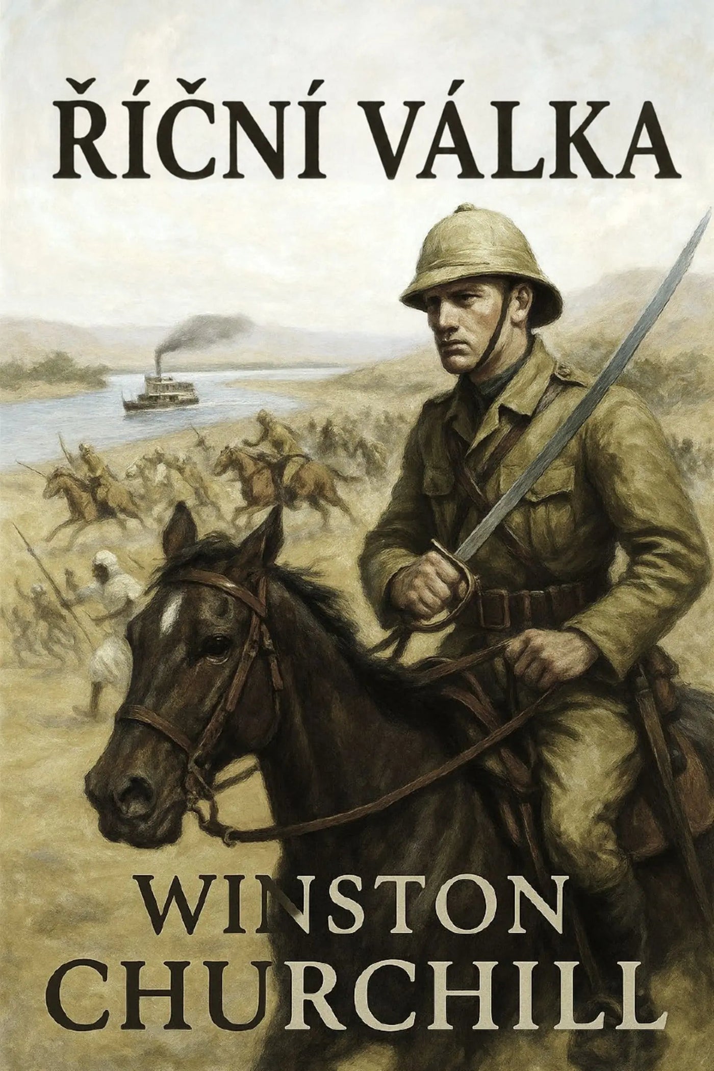 Book cover for 'Říční válka' by Winston Churchill, featuring a historical illustration of a soldier on horseback with a sword, other soldiers in the background, and a riverboat on the water.