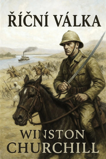 Book cover for 'Říční válka' by Winston Churchill, featuring a historical illustration of a soldier on horseback with a sword, other soldiers in the background, and a riverboat on the water.