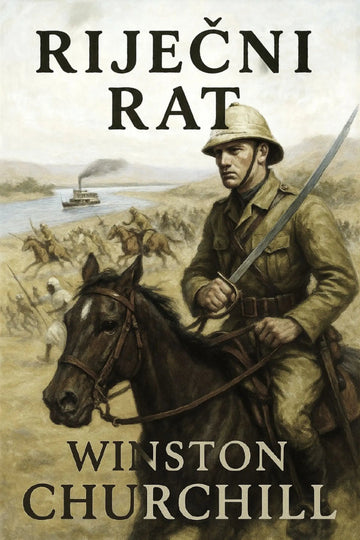 Book cover for 'Riječni rat' by Winston Churchill, featuring an illustration of a World War I soldier on horseback holding a sword, with other soldiers and a river scene in the background.