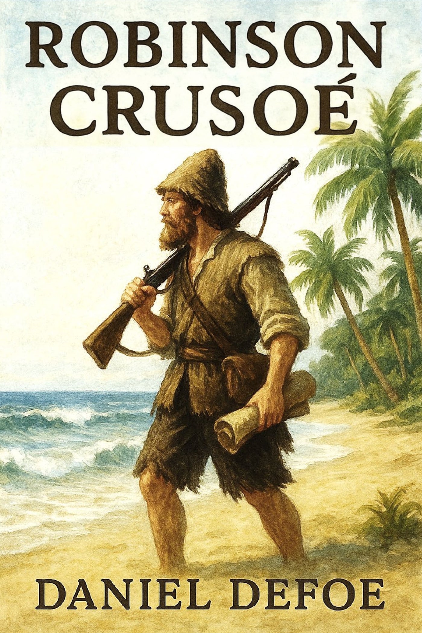 Book cover of 'Robinson Crusoé' by Daniel Defoe with a illustration of a man on a beach.