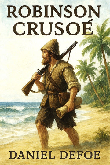 Book cover of 'Robinson Crusoé' by Daniel Defoe with a illustration of a man on a beach.