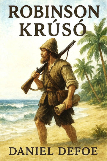 Book cover for 'Robinson Krúsó' by Daniel Defoe, featuring an illustration of a bearded man walking on a tropical beach with palm trees and the ocean, with the title and author name in dark brown text.