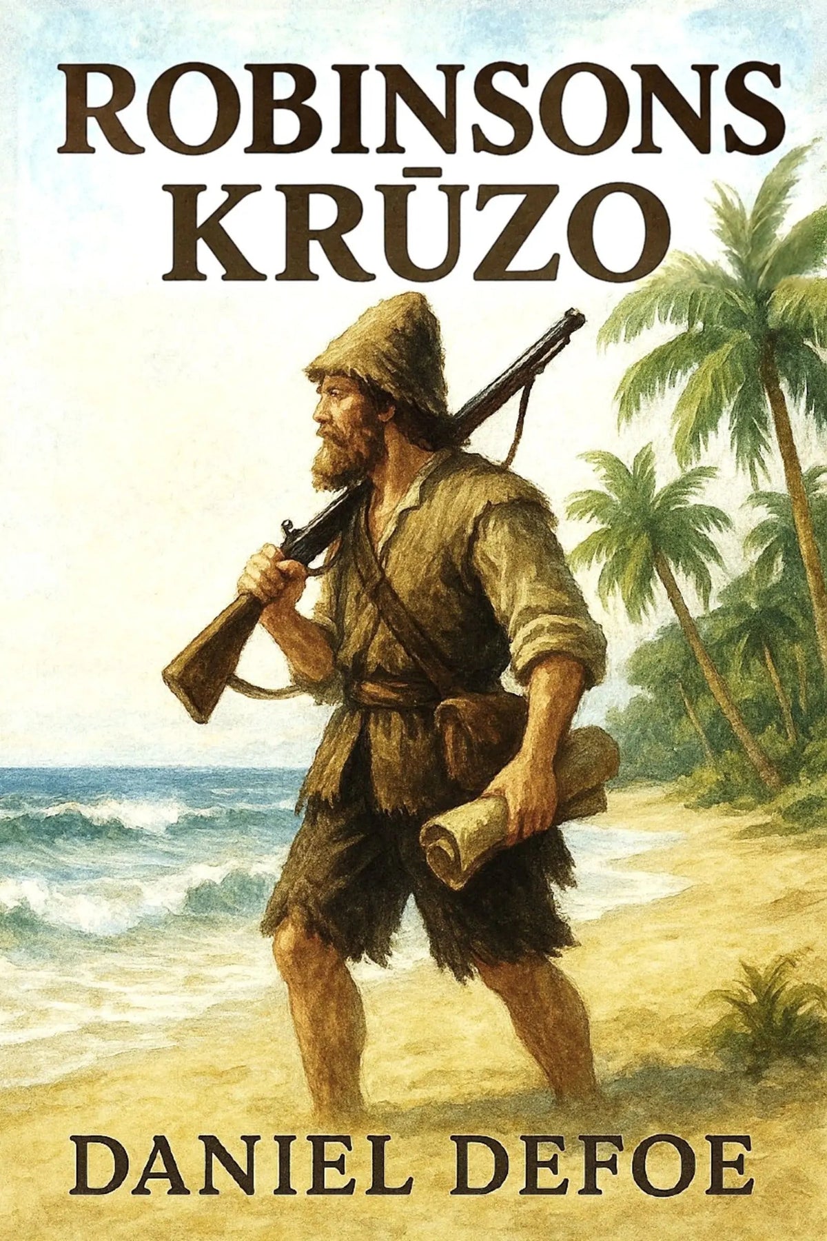 Book cover for 'Robinsons Krūzo' by Daniel Defoe, featuring an illustration of a bearded man walking on a tropical beach with palm trees, carrying a rifle and a rolled paper scroll.