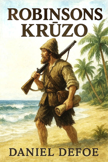 Book cover for 'Robinsons Krūzo' by Daniel Defoe, featuring an illustration of a bearded man walking on a tropical beach with palm trees, carrying a rifle and a rolled paper scroll.