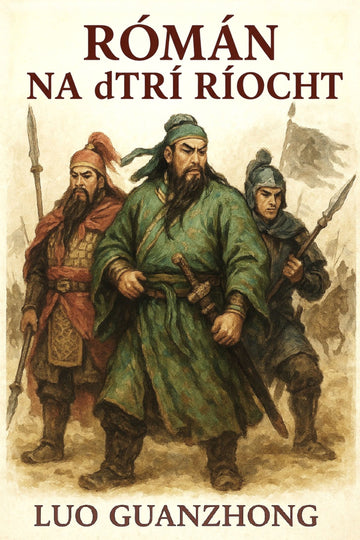 Book cover of 'Rómán na dTrí Ríocht' with illustrations of three characters in traditional attire.