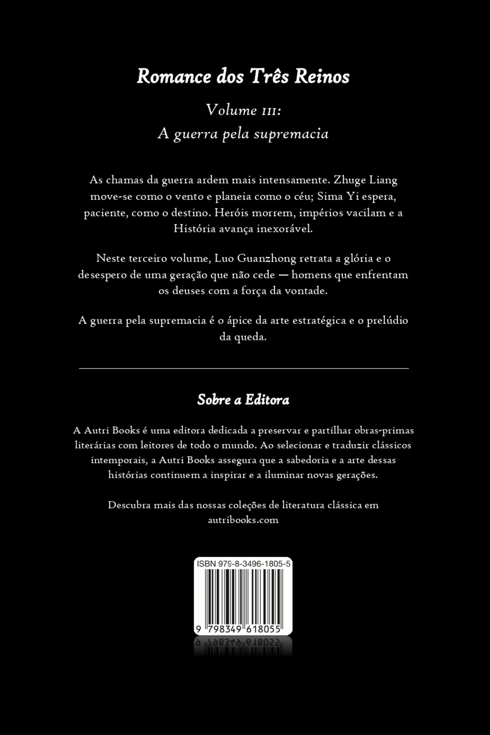Back cover of a book titled 'Romance dos Tres Reinos' with text and a logo.