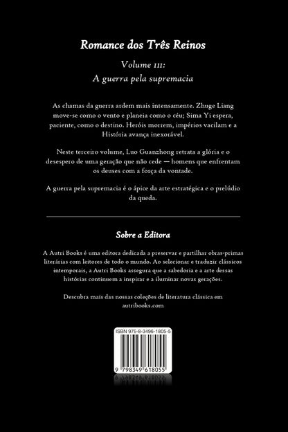 Back cover of a book titled 'Romance dos Tres Reinos' with text and a logo.