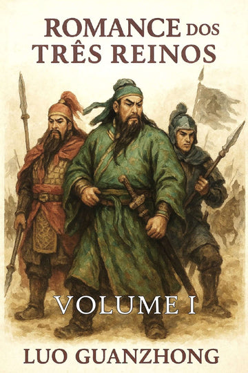 Book cover of 'Romance dos Tres Reinos' with illustrations of historical figures.