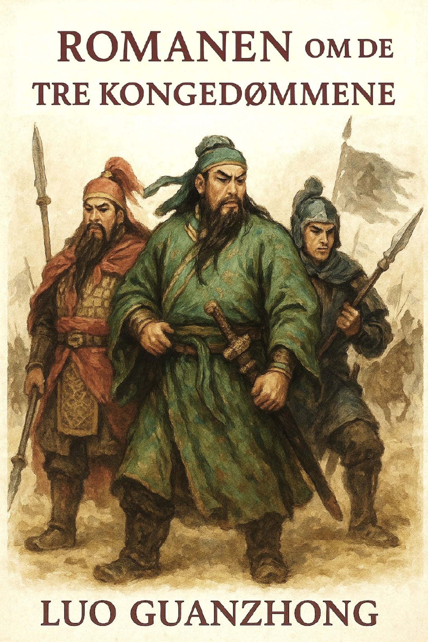Book cover of 'Romanen om de tre kongedømmene' by Luo Guanzhong featuring illustrations of three characters with weapons.