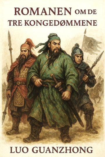 Book cover of 'Romanen om de tre kongedømmene' by Luo Guanzhong featuring illustrations of three characters with weapons.