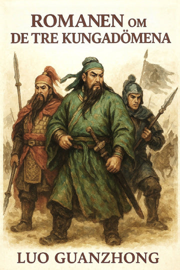 Book cover of 'Romanen om de tre kungadömena' by Luo Guanzhong featuring illustrations of three warriors.