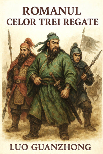 Book cover of 'Romanul celor trei regate' with illustrations of three characters and text.