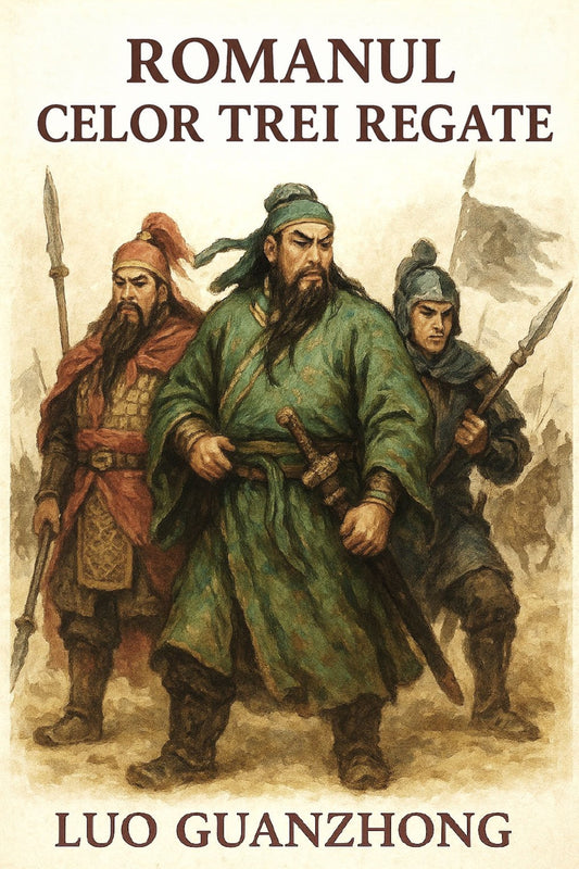 Book cover of 'Romanul celor trei regate' with illustrations of three characters and text.