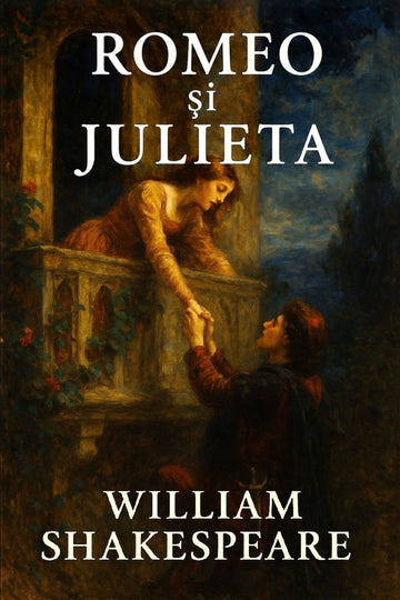 Book cover of 'Romeo și Julieta' by William Shakespeare with a romantic scene on a balcony.