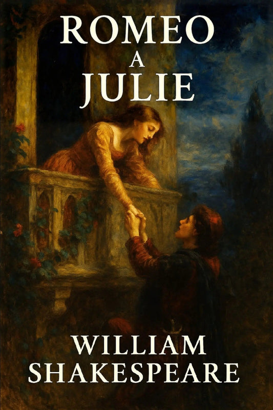 Book cover for 'Romeo a Julie' by William Shakespeare, featuring a dark, classical painting of Romeo and Juliet reaching hands across a balcony at night, with the title and author name in white serif text.