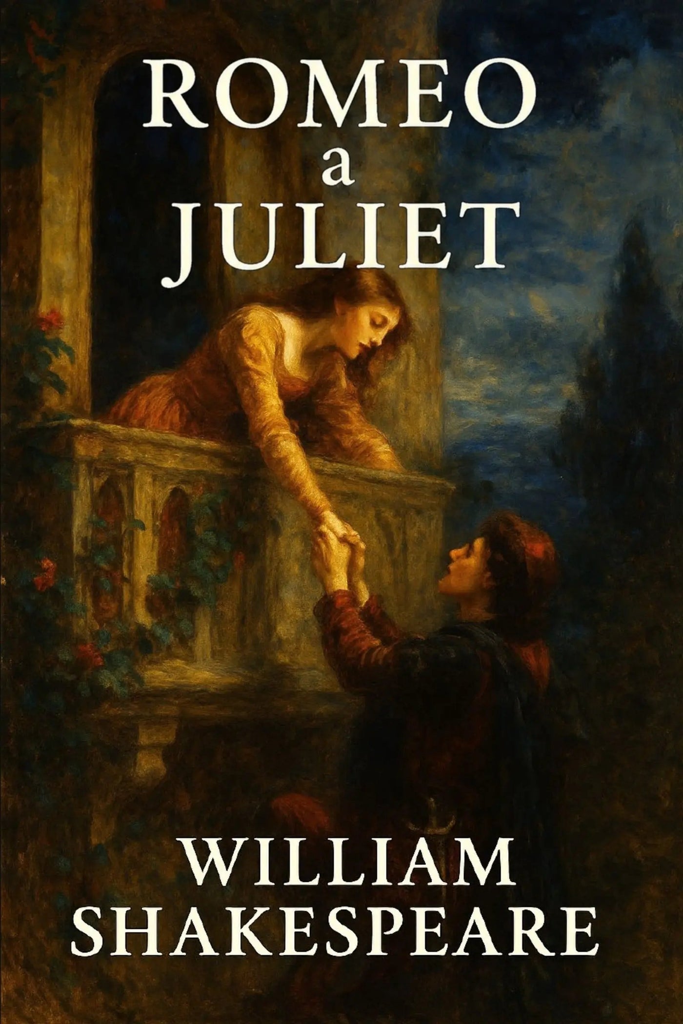 Book cover for 'Romeo a Juliet' by William Shakespeare, featuring a dark, classical painting of the characters on a balcony reaching toward each other, with the title and author name in white text.