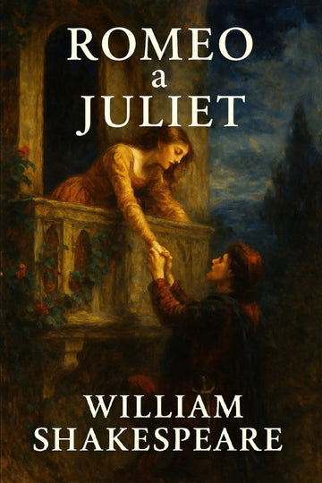 Book cover for 'Romeo a Juliet' by William Shakespeare, featuring a dark, classical painting of the characters on a balcony reaching toward each other, with the title and author name in white text.