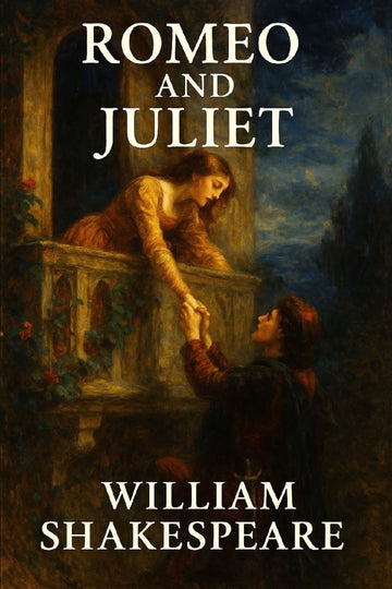 Book cover of 'Romeo and Juliet' by William Shakespeare with a romantic scene of two characters on a balcony.