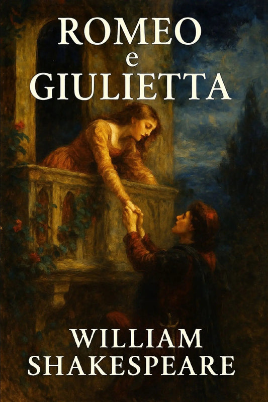Book cover for 'Romeo e Giulietta' by William Shakespeare, featuring a dark, classical painting of the characters on a balcony reaching toward each other, with the title and author name in white text.