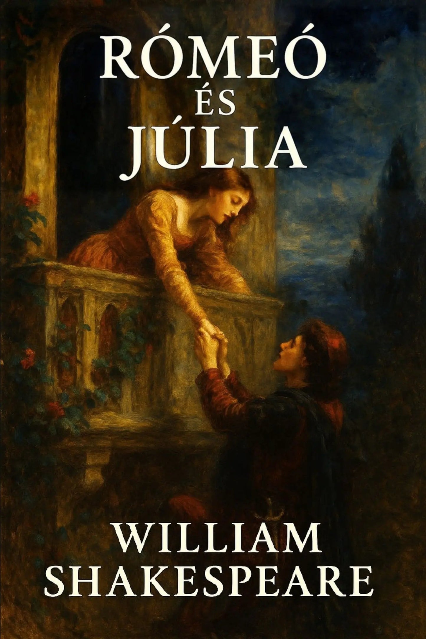 Book cover for 'Rómeó és Júlia' by William Shakespeare, featuring a dark, classical painting of Romeo reaching up toward Juliette on a balcony at night.