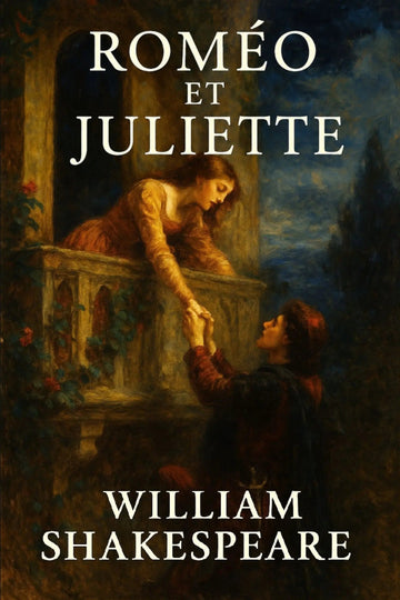 Book cover of 'Roméo et Juliette' by William Shakespeare with a romantic scene on a balcony.