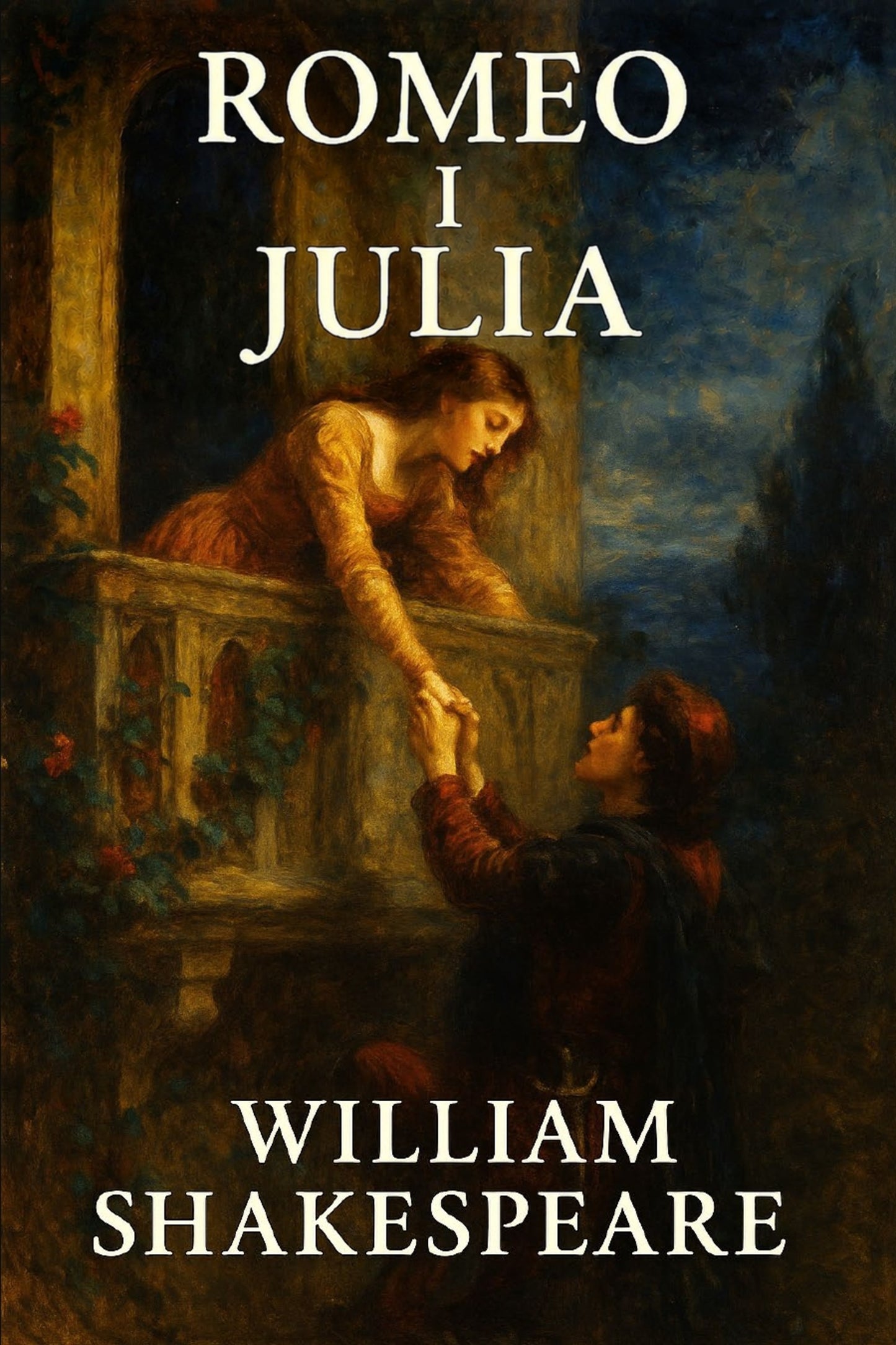 Book cover of 'Romeo i Julia' by William Shakespeare with a romantic scene on a balcony.