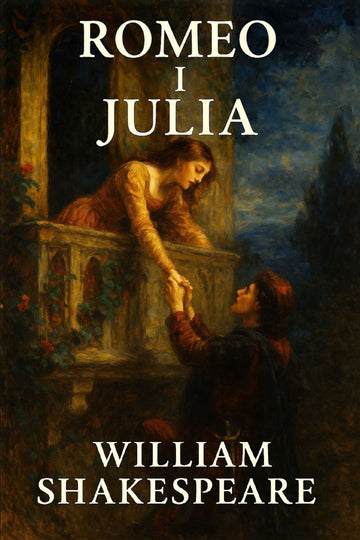 Book cover of 'Romeo i Julia' by William Shakespeare with a romantic scene on a balcony.