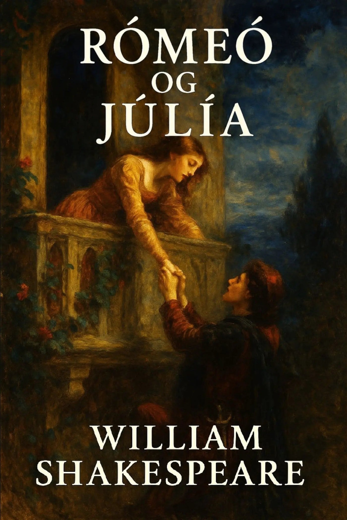 Book cover for 'Rómeó og Júlía' by William Shakespeare, featuring a dark, painterly scene of the two characters reaching across a balcony at night, with the title and author name in white text.
