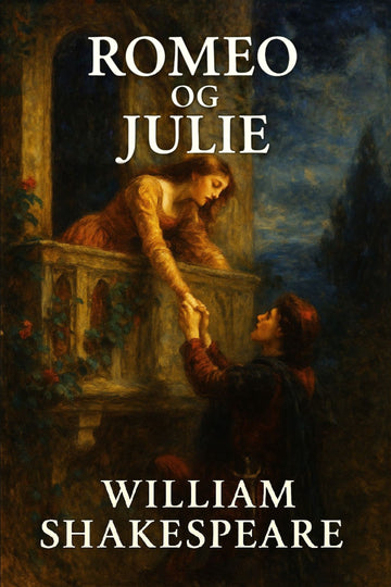 Book cover of 'Romeo og Julie' by William Shakespeare with a romantic scene on a balcony.