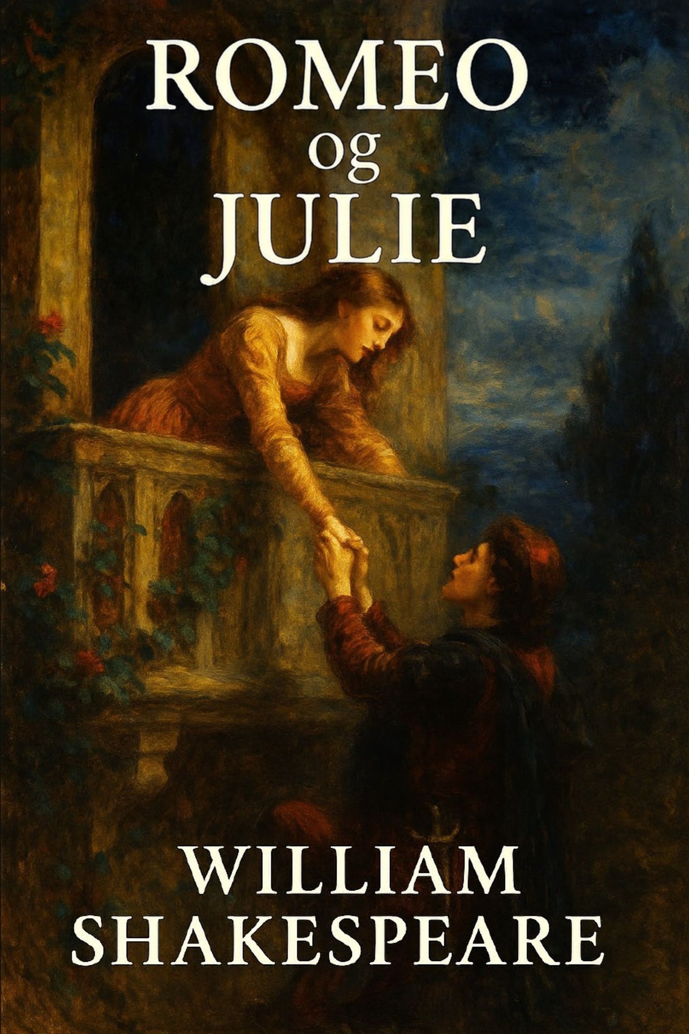 Book cover of 'Romeo og Julie' by William Shakespeare with a romantic scene on a balcony.