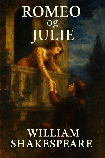 Book cover of 'Romeo og Julie' by William Shakespeare with a romantic scene on a balcony.