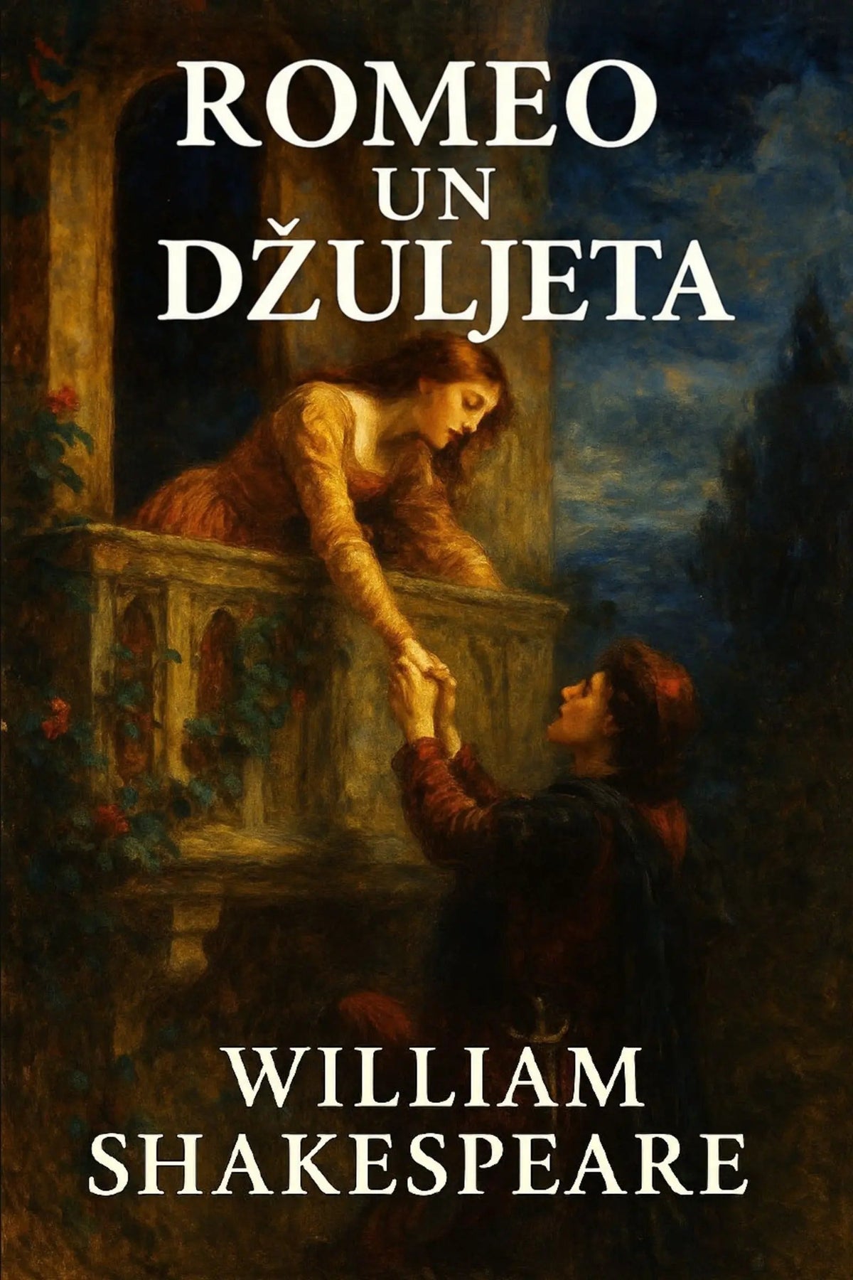 Book cover for 'Romeo un Džuljeta' by William Shakespeare, featuring a classical painting of Romeo and Juliet reaching hands across a balcony at night, with the title and author name in white text.
