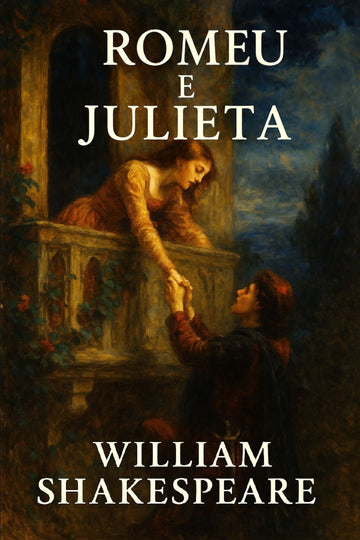 Book cover of 'Romeu e Julieta' by William Shakespeare with a romantic scene on a balcony.