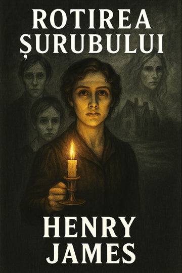 Book cover of 'Rotirea șurubului' by Henry James with a dark theme and candlelight.