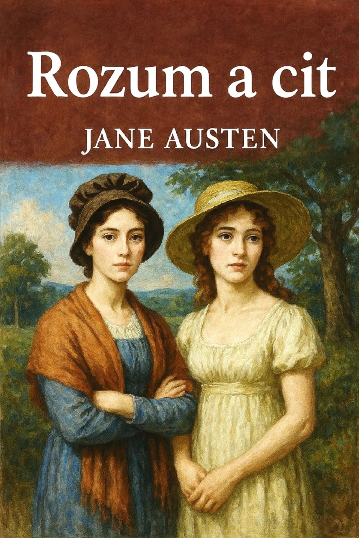 Book cover for Jane Austen's 'Rozum a cit' featuring a painted portrait of two women in historical dress against a landscape, with the title and author name in white text on a dark red banner at the top.