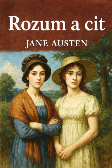 Book cover for Jane Austen's 'Rozum a cit' featuring a painted portrait of two women in historical dress against a landscape, with the title and author name in white text on a dark red banner at the top.